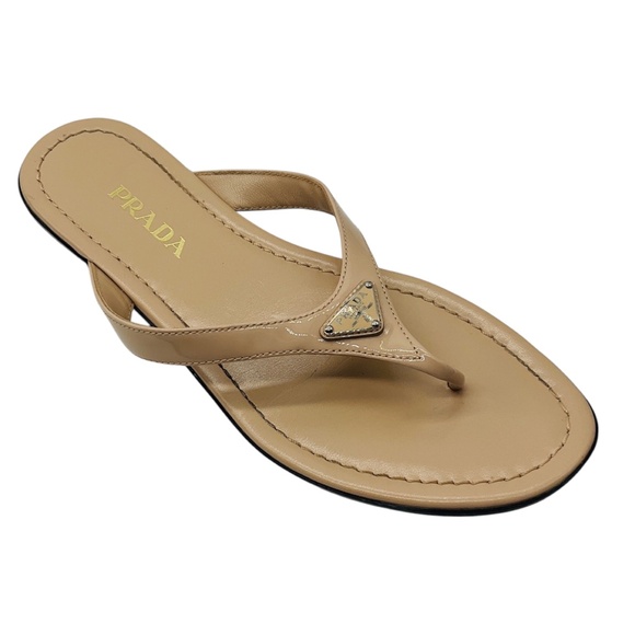 Prada Shoes - PRADA BEIGE / SILVER LOGO PLAQUE PATENT LEATHER THONG SANDALS